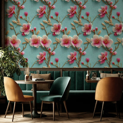 Sky Blue Cherry Blossom Floral Wallpaper