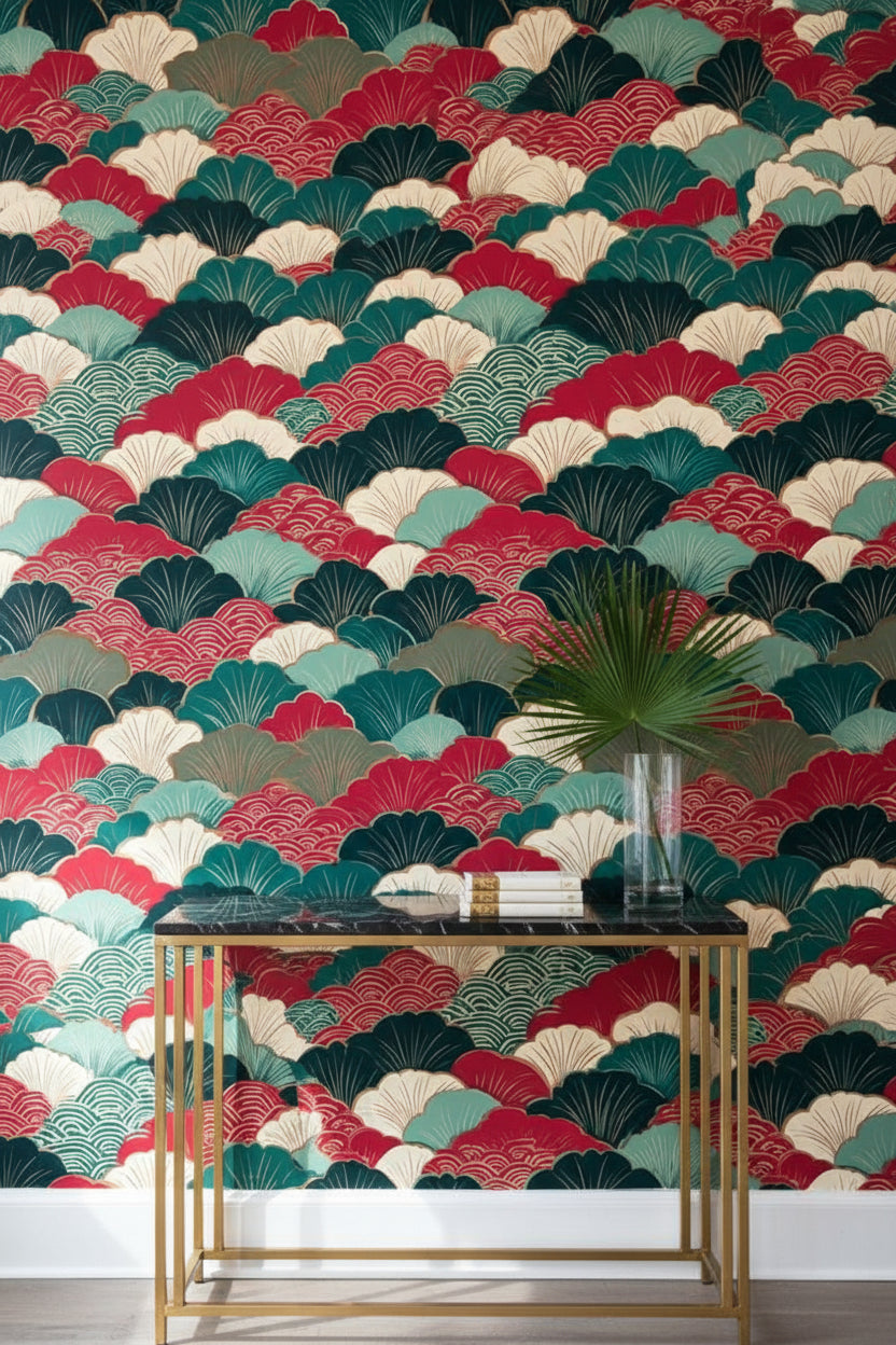 Vibrant Red and Green Japanese Geometric Wallpaper