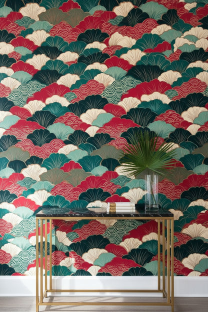 Vibrant Red and Green Japanese Geometric Wallpaper