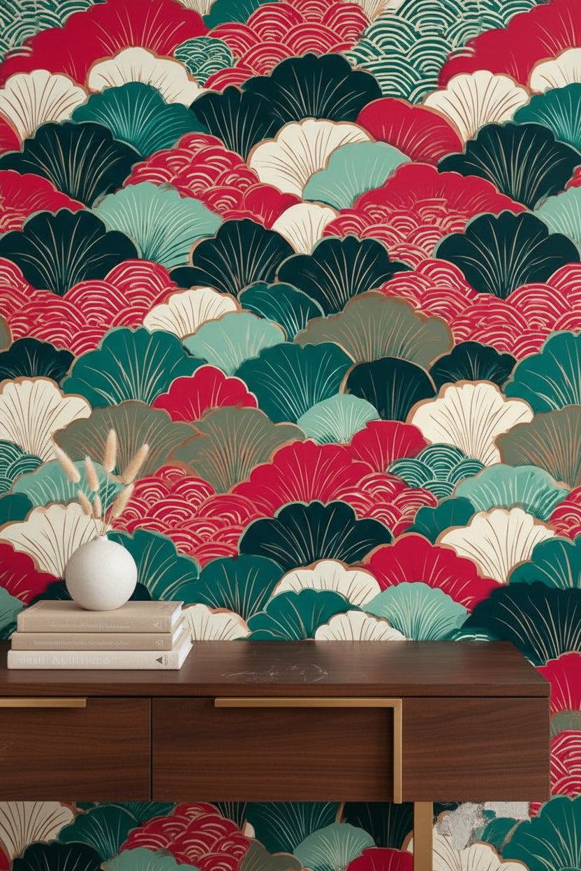 Vibrant Red and Green Japanese Geometric Wallpaper