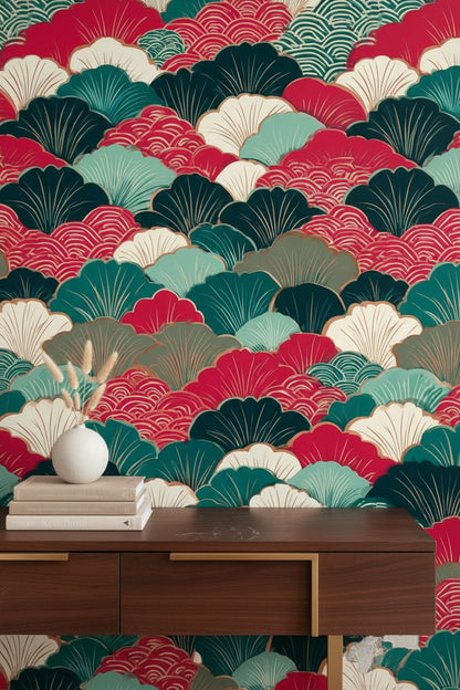 Vibrant Red and Green Japanese Geometric Wallpaper