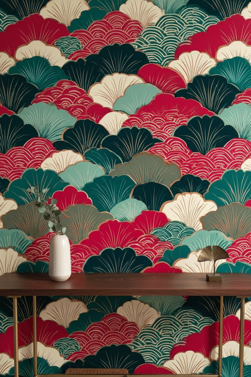 Vibrant Red and Green Japanese Geometric Wallpaper