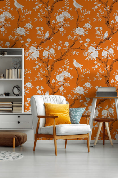 Vibrant Orange Floral Bird Pattern Wallpaper