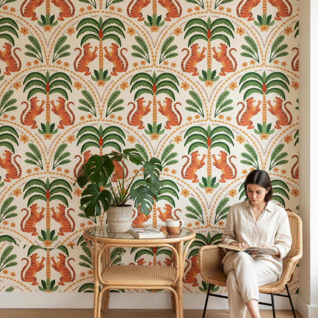 Tigers Wallpaper Palm Trees Floral Decorative Mural