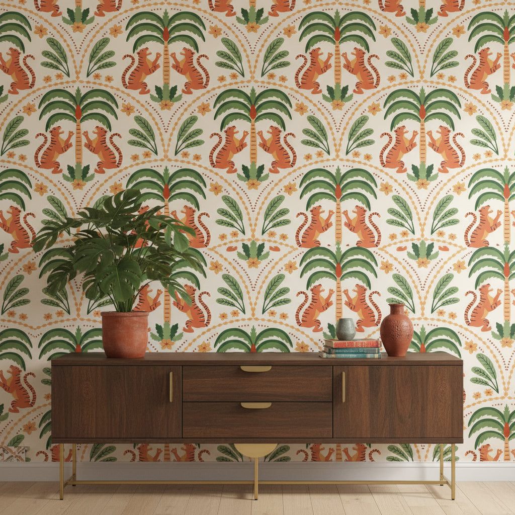 Tigers Wallpaper Palm Trees Floral Decorative Mural