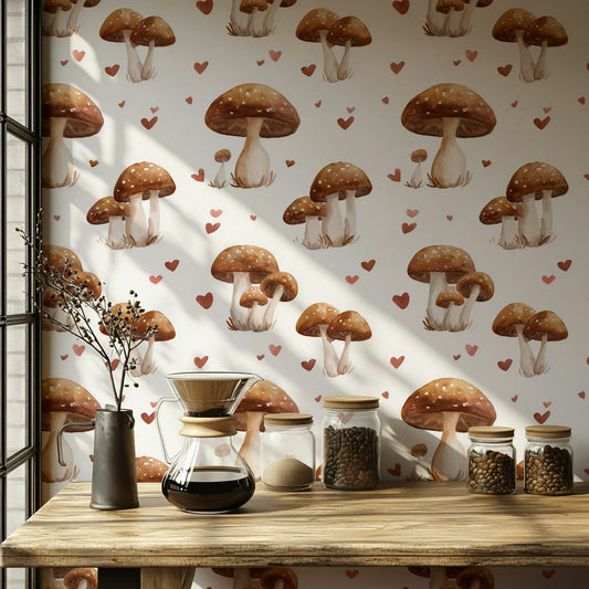 Soft White Mushroom and Heart Pattern Wallpaper