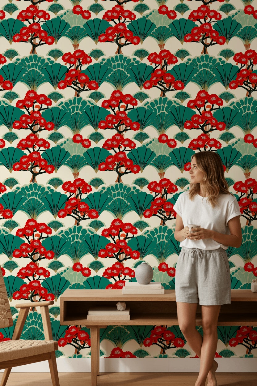 Vibrant Red Cherry Blossom Japanese Wallpaper