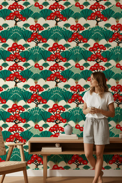 Vibrant Red Cherry Blossom Japanese Wallpaper