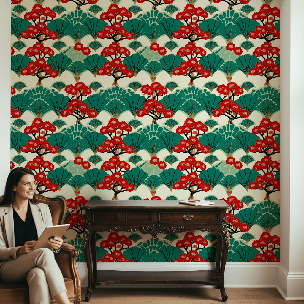 Vibrant Red Cherry Blossom Japanese Wallpaper
