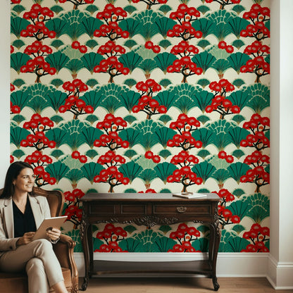 Vibrant Red Cherry Blossom Japanese Wallpaper