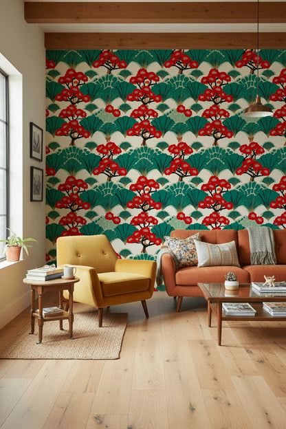Vibrant Red Cherry Blossom Japanese Wallpaper