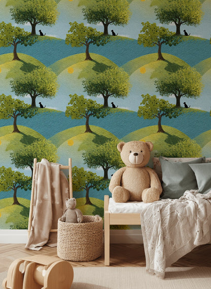 Bright Blue and Green Hillside Tree Wallpaper