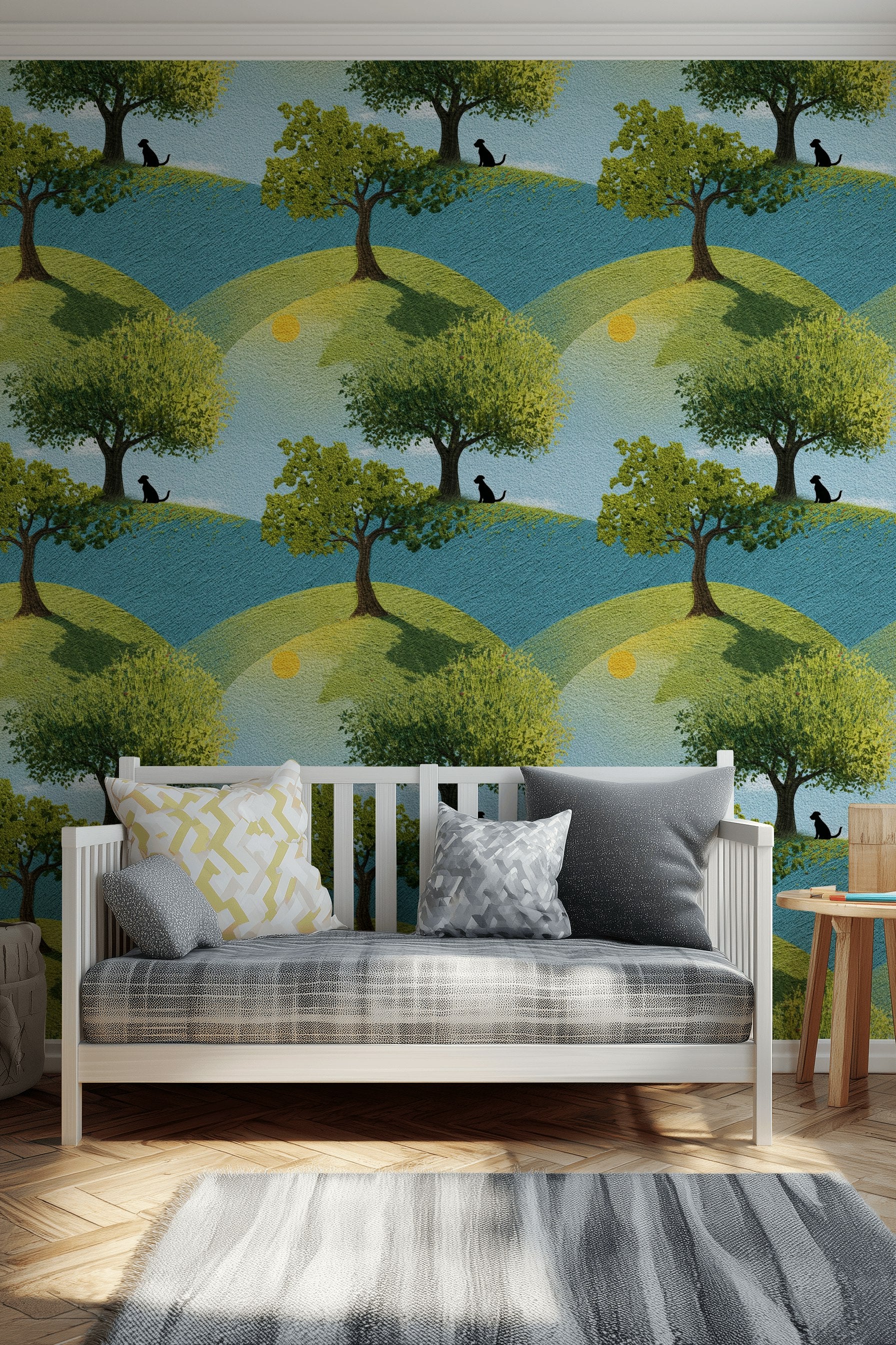 Bright Blue and Green Hillside Tree Wallpaper