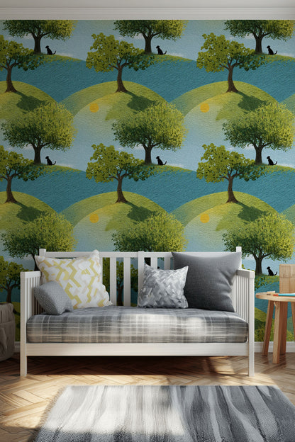 Bright Blue and Green Hillside Tree Wallpaper