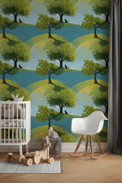 Bright Blue and Green Hillside Tree Wallpaper