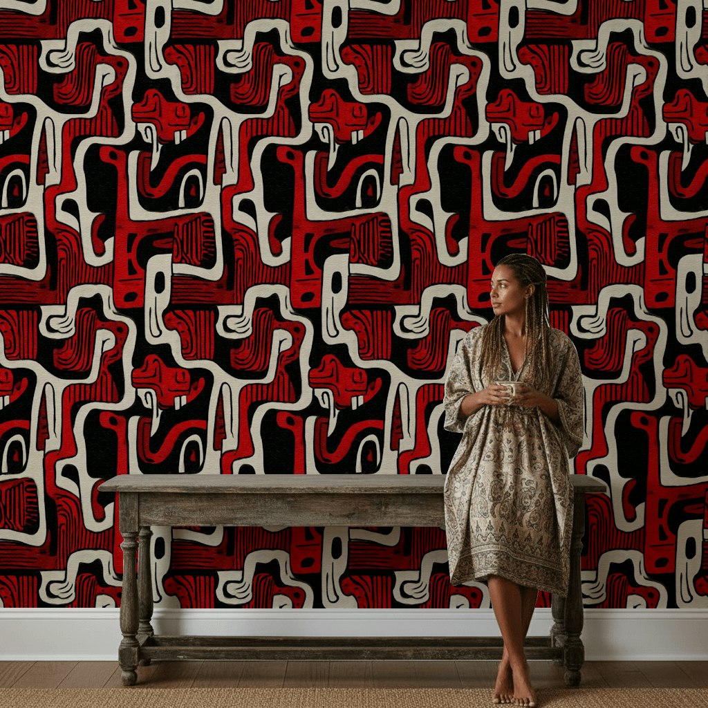 Dark Red and Black Retro Abstract Pattern Wallpaper