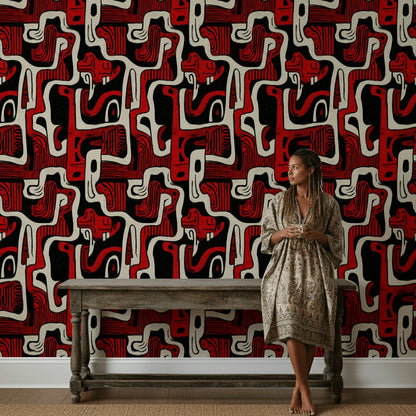 Dark Red and Black Retro Abstract Pattern Wallpaper
