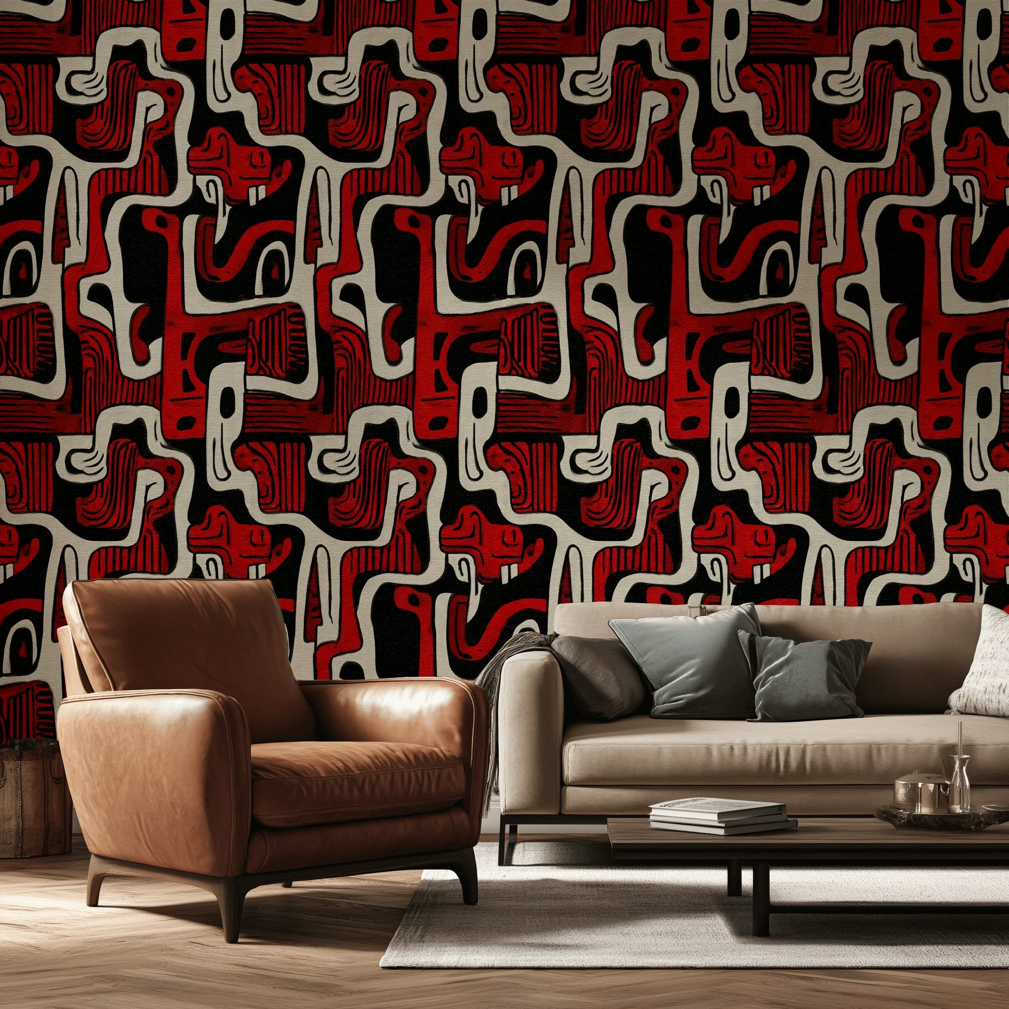 Dark Red and Black Retro Abstract Pattern Wallpaper