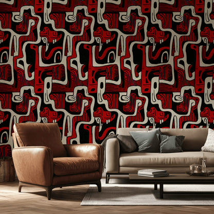 Dark Red and Black Retro Abstract Pattern Wallpaper