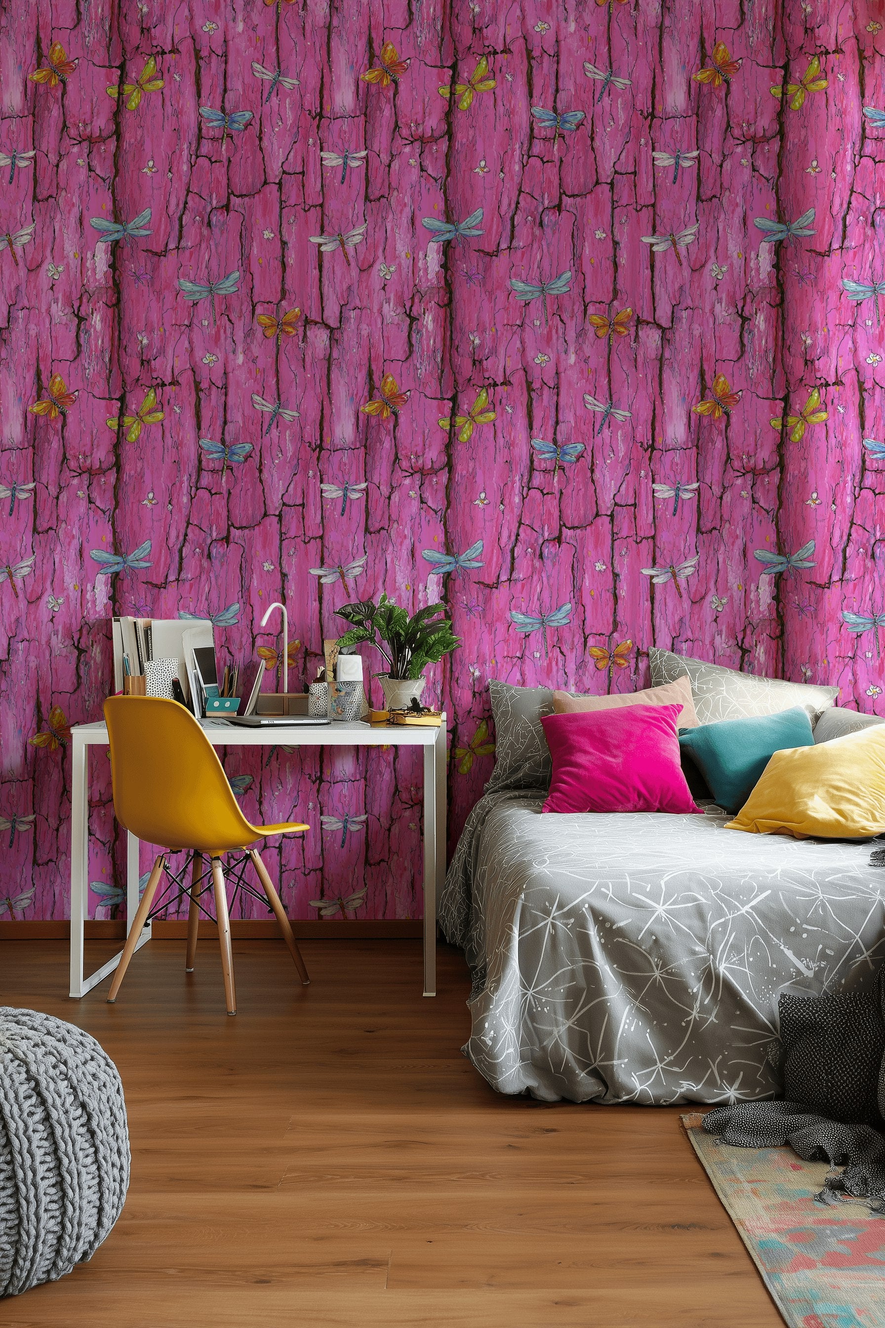 Vibrant Pink Bark and Butterflies Wallpaper