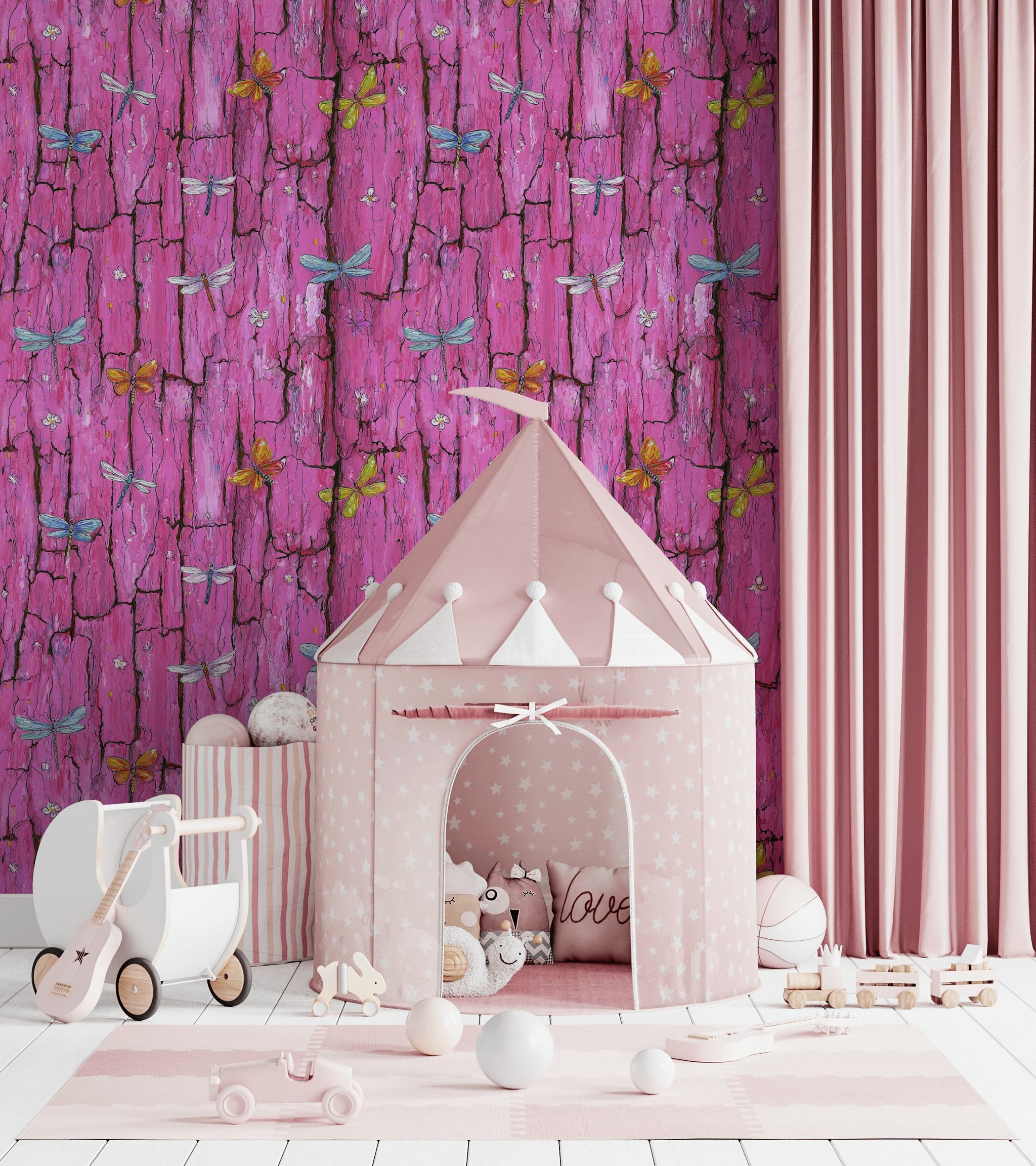Vibrant Pink Bark and Butterflies Wallpaper