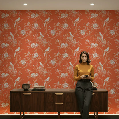 Burnt Orange Vintage Bird Floral Wallpaper