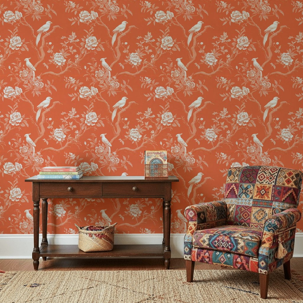 Burnt Orange Vintage Bird Floral Wallpaper