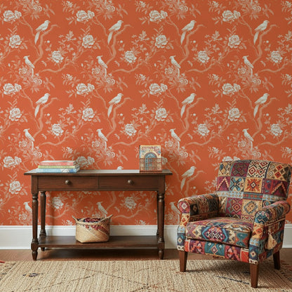 Burnt Orange Vintage Bird Floral Wallpaper