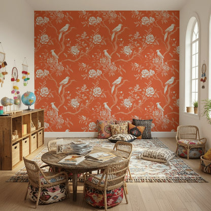 Burnt Orange Vintage Bird Floral Wallpaper