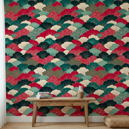 Vibrant Red and Green Japanese Geometric Wallpaper