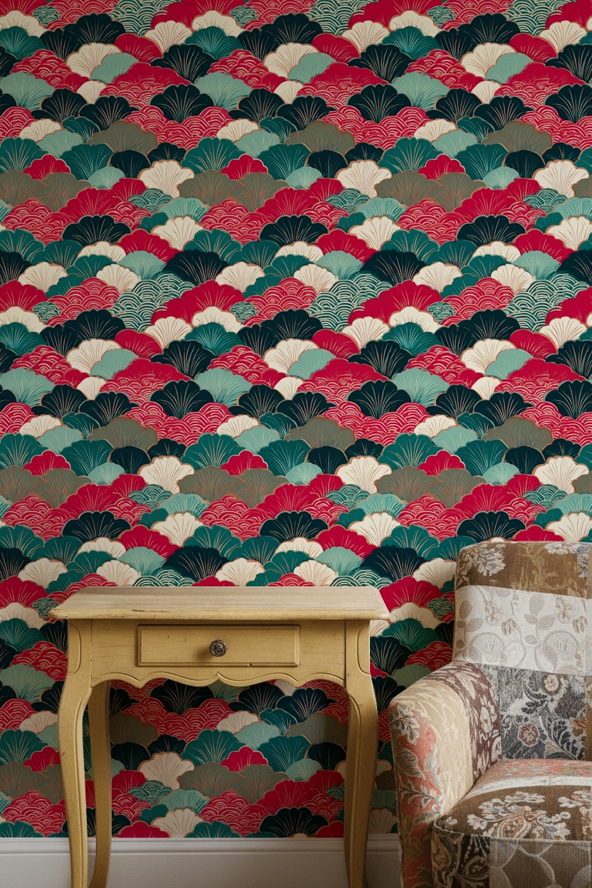 Vibrant Red and Green Japanese Geometric Wallpaper