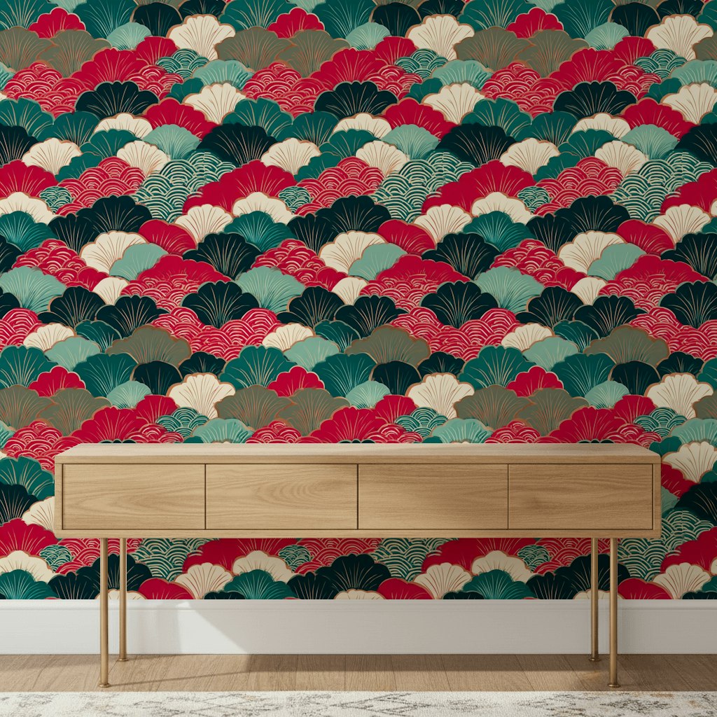 Vibrant Red and Green Japanese Geometric Wallpaper