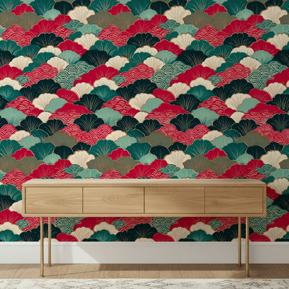 Vibrant Red and Green Japanese Geometric Wallpaper