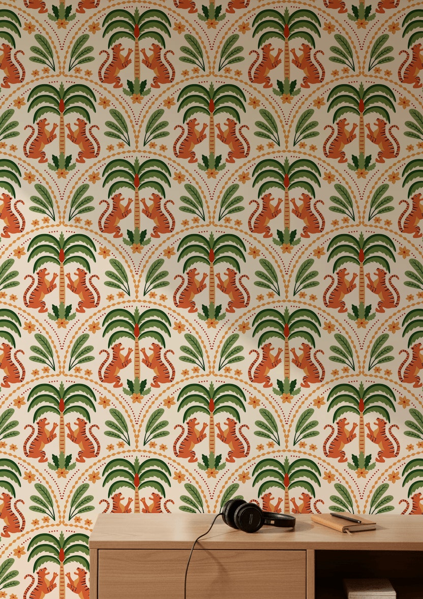 Tigers Wallpaper Palm Trees Floral Decorative Mural