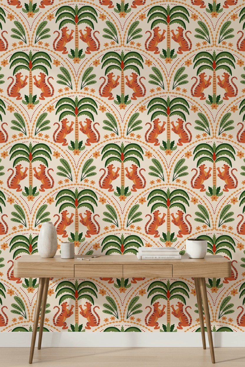Tigers Wallpaper Palm Trees Floral Decorative Mural