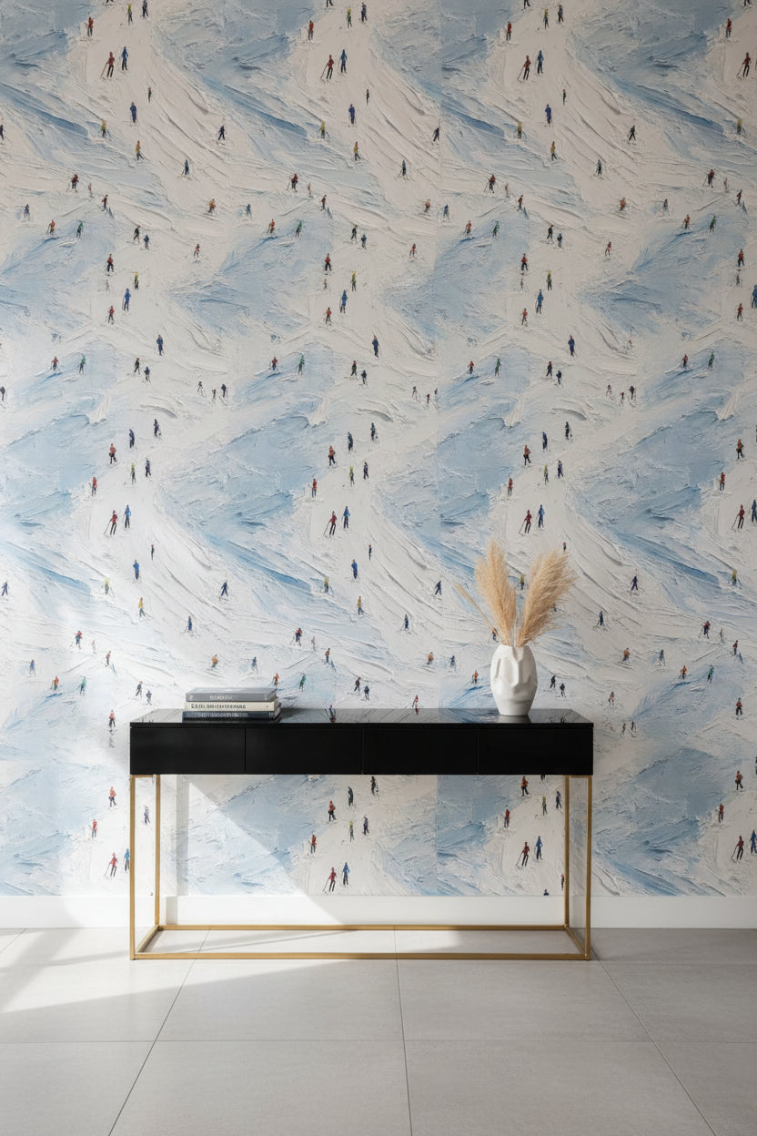 Bright White and Blue Skiers Abstract Wallpaper