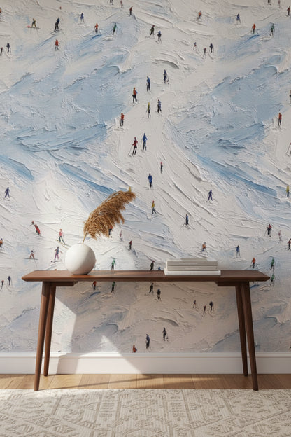 Bright White and Blue Skiers Abstract Wallpaper