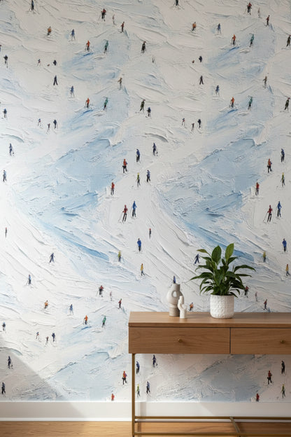 Bright White and Blue Skiers Abstract Wallpaper