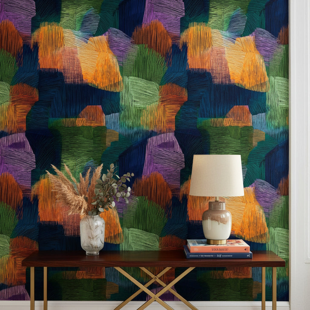 Midnight Blue Multicolor Abstract Brushstroke Wallpaper