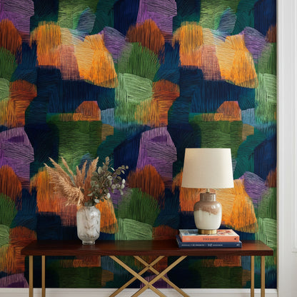 Midnight Blue Multicolor Abstract Brushstroke Wallpaper