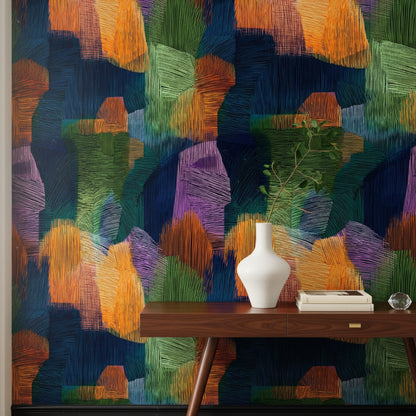 Midnight Blue Multicolor Abstract Brushstroke Wallpaper