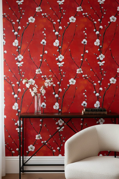 Vibrant Red Cherry Blossom Floral Wallpaper
