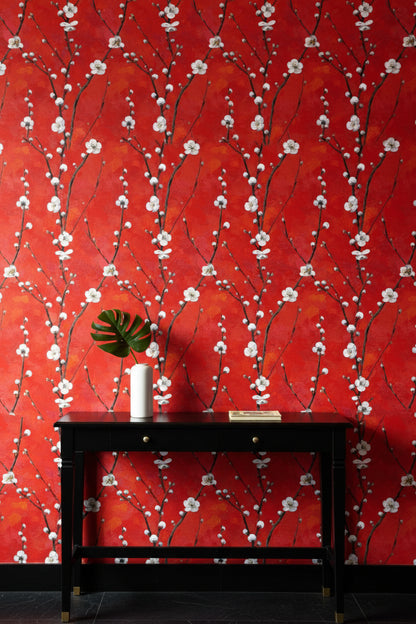 Vibrant Red Cherry Blossom Floral Wallpaper