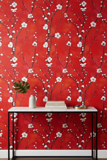 Vibrant Red Cherry Blossom Floral Wallpaper