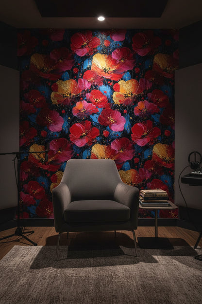 Dark Noir Red Poppy Art Floral Wallpaper