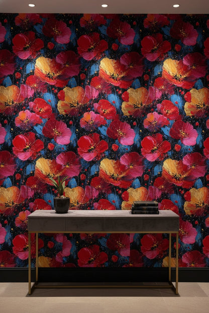Dark Noir Red Poppy Art Floral Wallpaper