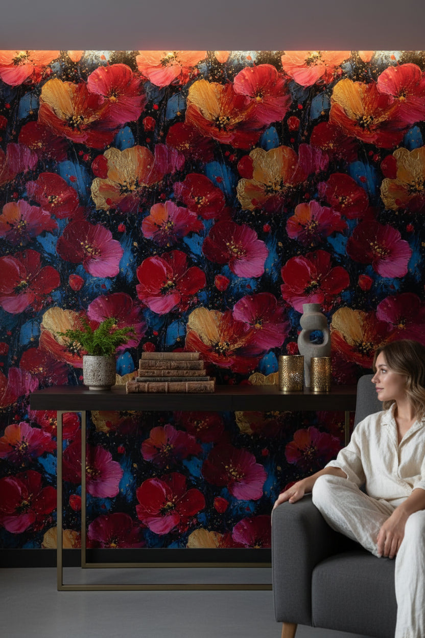 Dark Noir Red Poppy Art Floral Wallpaper