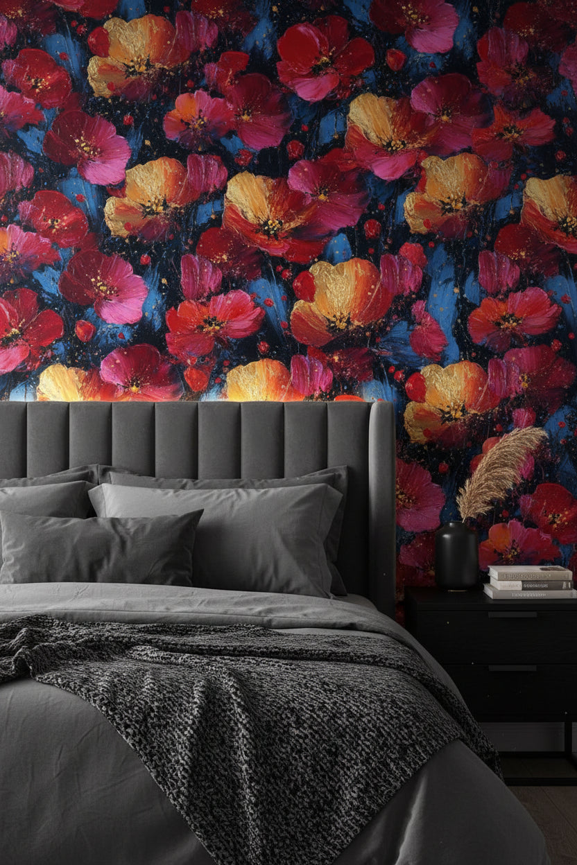 Dark Noir Red Poppy Art Floral Wallpaper