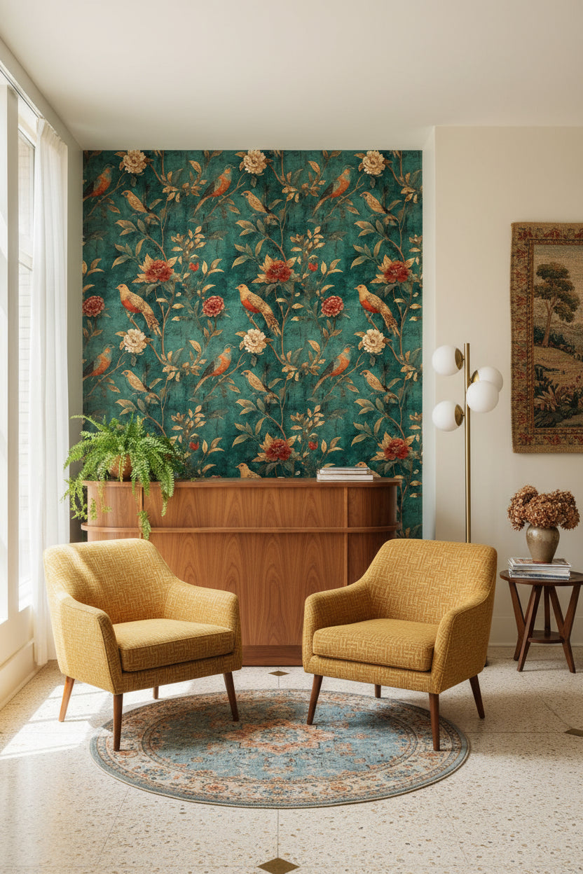 Vintage Teal Floral Bird Print Wallpaper