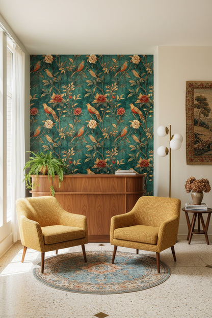 Vintage Teal Floral Bird Print Wallpaper